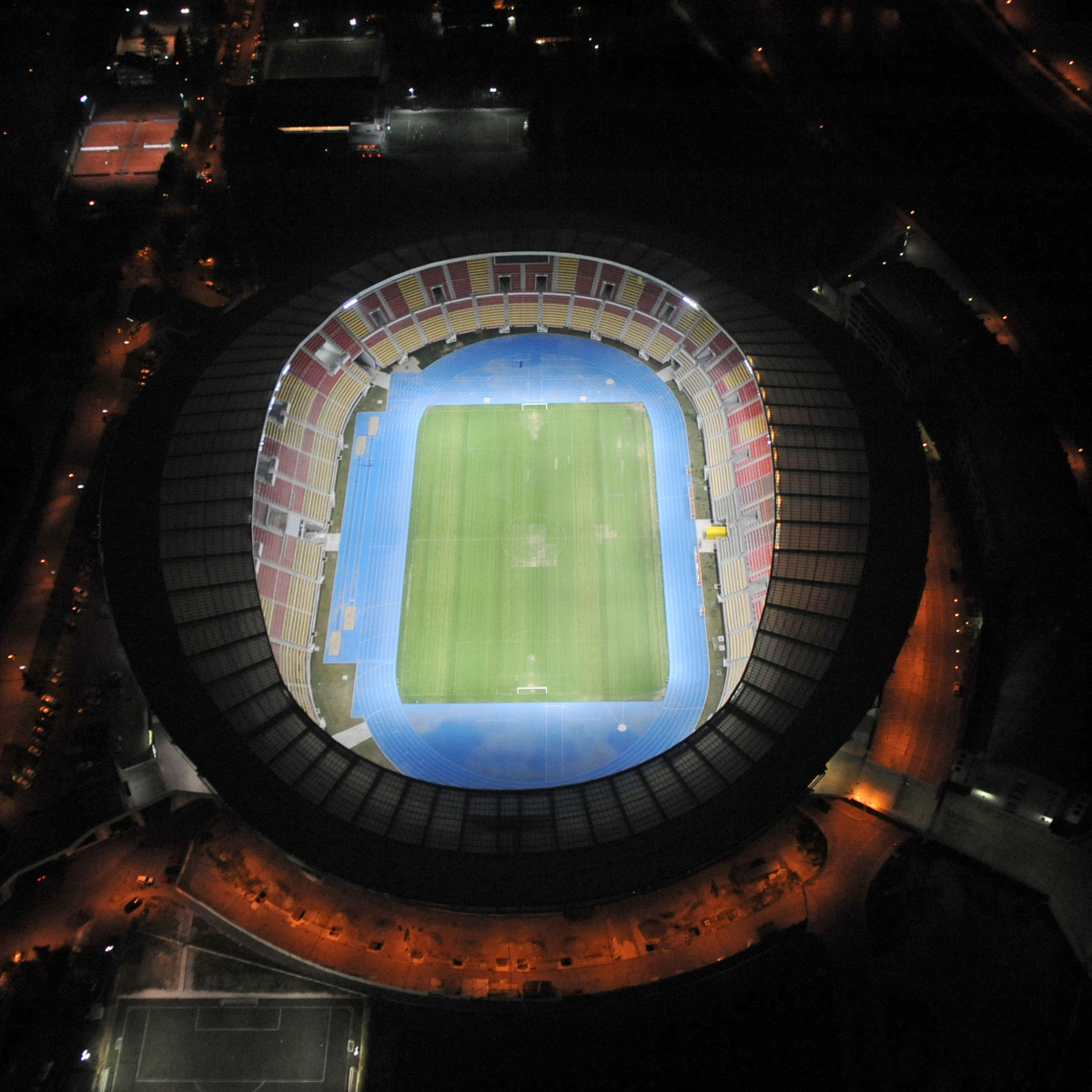 Night shot of stadium; photo: off.net.mk