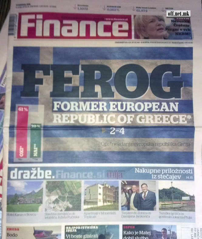 Насловната страница на словенечкиот весник Финанце: