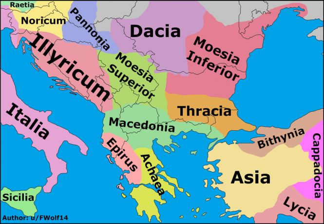 Сегашните граници на Балканот, спроти оние на римските провинции во 117 година од нашата ера.